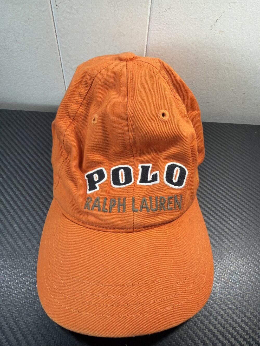 Vintage Polo Ralph Lauren Spellout Strapback Orange Hat Made In USA R2